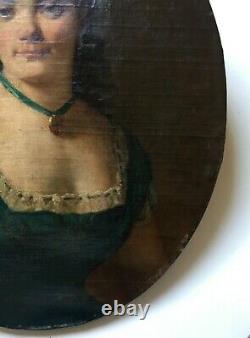 Ancient Painting, Oil On Canvas With Oval View, Portrait Of Young Woman, 19th Century
