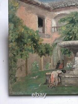 Ancient Painting, Oil On Canvas, Women At The Fountain, Early 20th