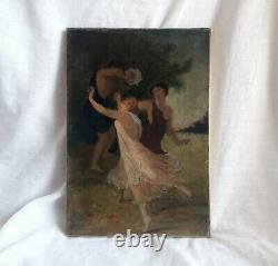 Ancient Painting Oil On Canvas XIX 1850 1900 Antique Dance Symbolic Landscape