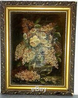 Ancient Painting Oil On Canvas XIX Th Still Life Flowers Signed