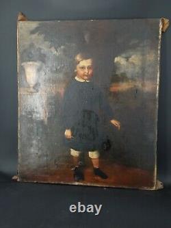 Ancient Painting, Oil On Canvas Xixth, Representing A Child In A Park