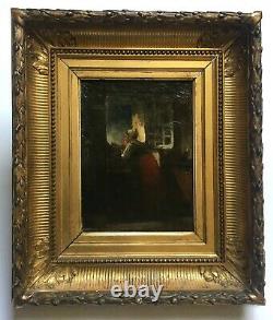 Ancient Painting, Oil On Canvas, Young Woman At The Window, Period Frame, 19th Century