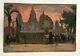 Ancient Painting Oil On Cardboard, Angkor Temple, Colonial Exhibition Early 20th