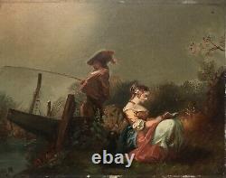 Ancient Painting, Oil On Cardboard, Bucolic Scene, Couple, Fisherman, Dog, 19th