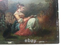 Ancient Painting, Oil On Cardboard, Bucolic Scene, Couple, Fisherman, Dog, 19th