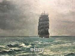 Ancient Painting, Oil On Isolel, Marine, Boat, Sailing, Three Masts, Early 20th Century