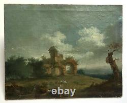 Ancient Painting, Oil On Marbled Canvas, Landscape With Animated Ruins, 19th