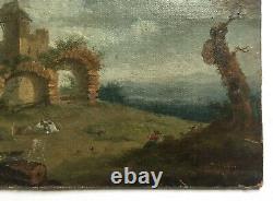 Ancient Painting, Oil On Marbled Canvas, Landscape With Animated Ruins, 19th