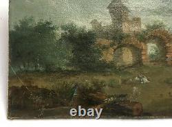 Ancient Painting, Oil On Marbled Canvas, Landscape With Animated Ruins, 19th