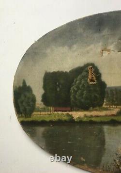 Ancient Painting, Oil On Oval Canvas, Lakescape, Berges, Early 20th Century