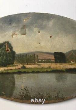 Ancient Painting, Oil On Oval Canvas, Lakescape, Berges, Early 20th Century