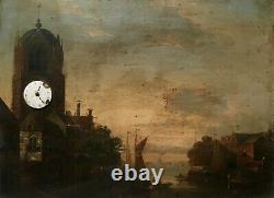 Ancient Painting, Oil On Panel, Dutch School, Port Town, 18th