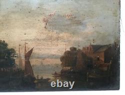 Ancient Painting, Oil On Panel, Dutch School, Port Town, 18th