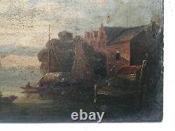 Ancient Painting, Oil On Panel, Dutch School, Port Town, 18th