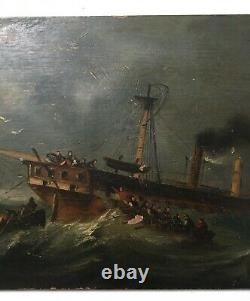 Ancient Painting, Oil On Panel, Naufrage In The Storm, Marine, 19th