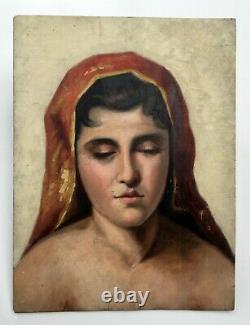 Ancient Painting, Oil On Panel, Portrait Of Woman In Red Shawl, Early 20th