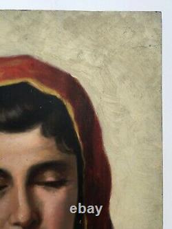 Ancient Painting, Oil On Panel, Portrait Of Woman In Red Shawl, Early 20th