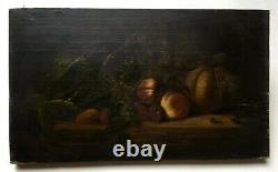 Ancient Painting, Oil On Panel, Still Life, Fruits And Carafe, Late 19th Century