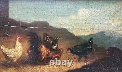 Ancient Painting, Oil On Panel, Volatiles, Chickens, Mountain, Box, 19th