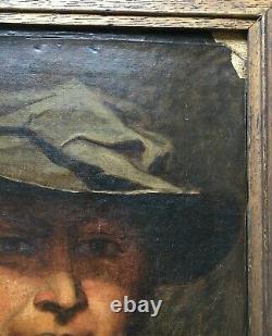Ancient Painting, Oil On Paper, Male With Hat, Portrait, Framed, 19th