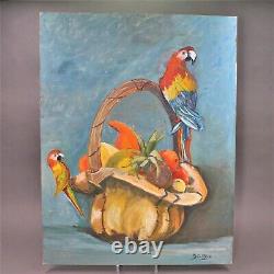 Ancient Painting - Oil On Still Life Panel With Parrots 65 X 50 Signed
