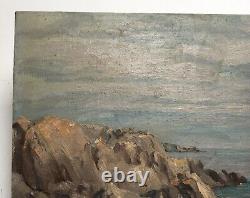 Ancient Painting, Oil On Tree Cardboard, Seascape, Rocky Coast, 20th