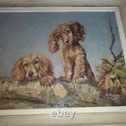 Ancient Painting Oil On Wood 2 Dogs Signed A Aragon En Tres Bon Etat