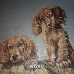 Ancient Painting Oil On Wood 2 Dogs Signed A Aragon En Tres Bon Etat