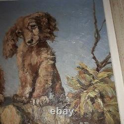 Ancient Painting Oil On Wood 2 Dogs Signed A Aragon En Tres Bon Etat