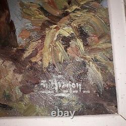 Ancient Painting Oil On Wood 2 Dogs Signed A Aragon En Tres Bon Etat