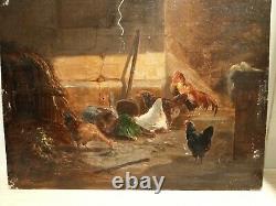 Ancient Painting Oil On Wood Bass Scene Chickens Coq Rabbit 19th