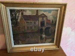 Ancient Painting Oil On Wood Painting Representing Saint Boniface Bridge In Bruges