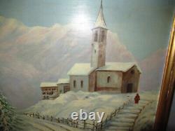 Ancient Painting Oil Painting On Wood With Mountain Snow Church Character