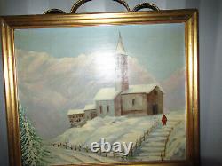 Ancient Painting Oil Painting On Wood With Mountain Snow Church Character