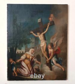 Ancient Painting Oil on Canvas Crucifixion Italian School 18th Century