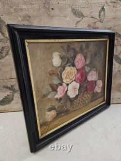 Ancient Painting Oil on Canvas Old Painting Bouquet of Roses