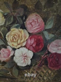 Ancient Painting Oil on Canvas Old Painting Bouquet of Roses Ancient Painting Oil on Canvas Old Painting Bouquet of Roses
