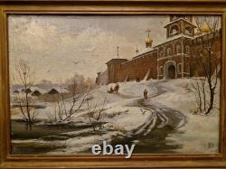 Ancient Painting, Oil on Russian Canvas, Snowy Landscape, Signed