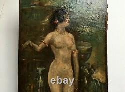 Ancient Painting, P-j Gervais, Oil On Canvas, Nude, Woman At The Fountain, Late 19th