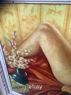 Ancient Painting Painting On Panel Oil Woman Nude Bouquet Flowers Not Canvas