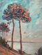 Ancient Painting, Pines By The Sea, Southwest, Oil On Panel, Middle 20th Century