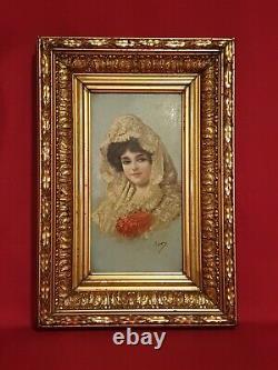 Ancient Painting, Portrait Of Woman, Oil On Panel Late 19th Century