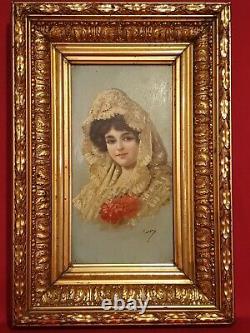 Ancient Painting, Portrait Of Woman, Oil On Panel Late 19th Century