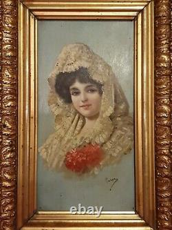 Ancient Painting, Portrait Of Woman, Oil On Panel Late 19th Century