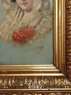Ancient Painting, Portrait Of Woman, Oil On Panel Late 19th Century