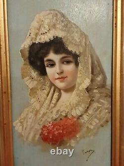 Ancient Painting, Portrait Of Woman, Oil On Panel Late 19th Century