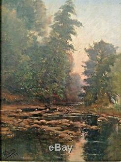 Ancient Painting Post Impressionist Landscape Morning On The River Signed Oil