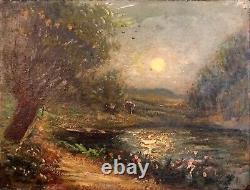 Ancient Painting, River Landscape, Oil, On Wood 19th Century