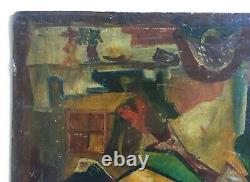 Ancient Painting, Signature To Be Deciphered, Oil On Isorel, Cubist School, 20th Century