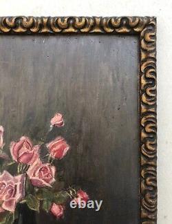 Ancient Painting Signed And Dated 1932, Bouquet Of Roses, Oil On Cardboard, Painting